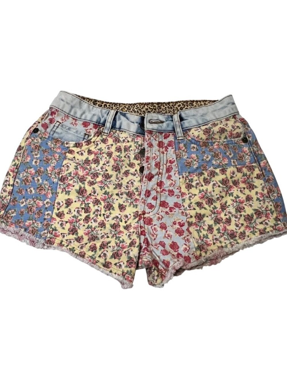 Farm Rio For Anthropologie Floral Patchwork Denim Shorts Size 26 Button Fly Boho